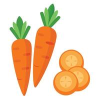 Freshly harvested carrots with green tops and sliced carrot pieces on white background vector
