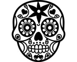 Intricate black and white illustration of a traditional day of the dead sugar skull design vector