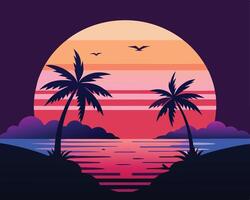 Sunset over ocean with palm trees retro style scenic illustration graphic vector