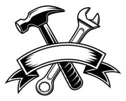 Black and white illustration of tools hammer and wrench crossed with banner for design vector