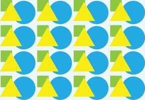 A geometric pattern with yellow triangles, blue circles, and green squares on a light background. Modern abstract design, ideal for textiles, wallpapers, and digital prints, and posters vector