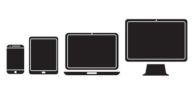 Set of device glyph icon.Laptop, Computer, Tablet and Smartphone. vector
