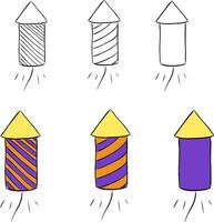 Firecracker with exploding elements isolated on transparent background. graphic line ink illustration. Doodle cracker for holiday messages, greetings, Internet, advertising. vector