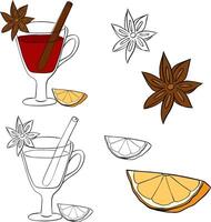 Hot mulled wine with cinnamon, star anise and orange graphic line ink illustration. Hot drink with citrus and spices icon isolated on a white background. Hot mulled wine drink drawing vector