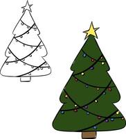 Christmas tree with lights isolated on transparent background. graphic line ink illustration. Banner, poster, wrapping paper, sticker, print, modern textile design. vector