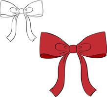 Red ribbon bow isolated on transparent background. graphic line ink illustration. knot as design element for holidays design, gift boxes, satin warping decor vector