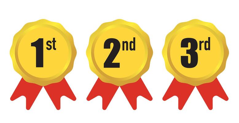 First, Second, and Third Place Badges with Red Ribbons