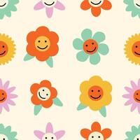 Seamless pattern groovy flowers colorful and smiling faces. illustration. vector