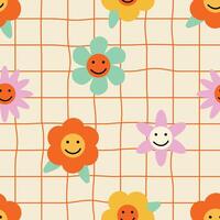 Seamless pattern groovy flowers colorful and smiling faces. 70s, 80s, 90s vibes plaid background. Abstract daisy and camomile emoji on squares. vector