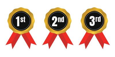 First, Second, and Third Place Badges with Red Ribbons. illustration vector