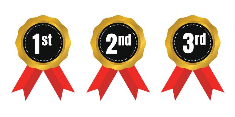 First, Second, and Third Place Badges with Red Ribbons. illustration