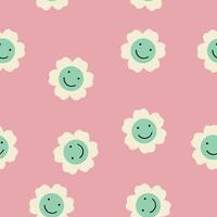 70s seamless pattern with vintage daisy or camomile groovy flowers. Psychedelic floral background with smiling faces. vector