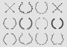 Set of wreaths and branches with leaves. Hand drawing laurel wreaths and branches collection. Laurels wreaths, swirls, twigs and flower ornaments. vector