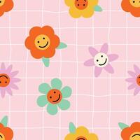 Seamless pattern groovy flowers colorful and smiling faces. Vintage vibes plaid background. vector