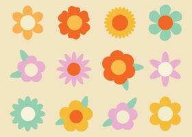 Groovy flowers colorful flat collection. 70s, 80s, 90s vibes plaid background. vector