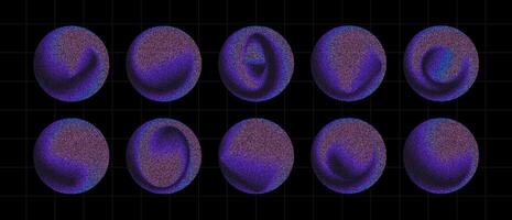 Set of abstract 3D shapes in stippling style. Colorful dotted spheres with gradient shading on dark grid background. Futuristic, textured elements for digital design. vector