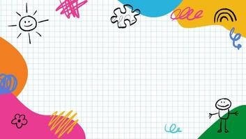 Children's hand-drawn drawings on a colored background, template design with diverse naive sketches, crayons and chalks doodles. Kindergarten and preschool backdrop. vector