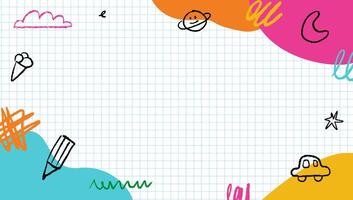 Background design template for kindergarten and elementary school, various children's doodles and drawings on a bright background. Elements drawn with crayons and chalks. vector