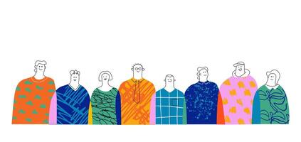 A vivid abstract diverse crowd of people standing shoulder to shoulder. The concept of a team, an individual in a society in a collage style with doodles. vector
