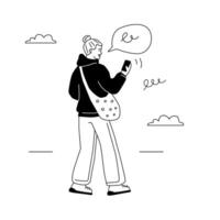 The girl walks and holds the phone in front of her. Chat, discuss, write a message online while moving. A black and white hand-drawn illustration. vector