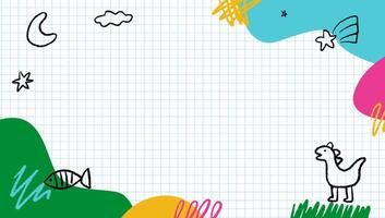 Kid's hand-drawn drawings on a colored background, template design with a variety of naive sketches, chalk and crayon figures. Composition for kindergarten and preschool. vector