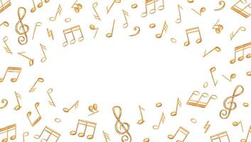 Musical notes horizonal border with empty space for text. Golden sound symbols in watercolor style isolated illustration. Audio element rectangle frame for elegant invitation, holiday concert program vector