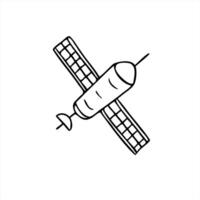 Flying satellite with deployed solar panels stylized monochrome illustration. Spacecraft graphic sketch for space technology themes, sci fi project, educational material, coloring page. vector