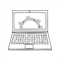 Open laptop displaying pie chart with shaded sectors and percentage labels monochrome illustration. For business reports, financial presentations, data analysis, and corporate infographics vector