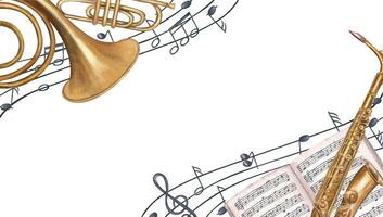 Musical frame with French horn, saxophone, sheet music book, and staff notes. Watercolor illustration isolated background. Empty space for text. For invitations, certificates, event programs vector