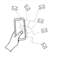 Hand tapping smartphone screen, with dotted lines and envelopes radiating from the thumb illustration painted by black inks. For email marketing, bulk messaging, digital communication concept vector