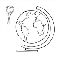 Magnifying glass and globe with continents set monochrome line art black ink sketch. Geography and research. For travel blogs, educational materials, and geography projects vector