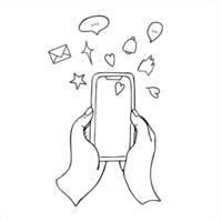 Hands holding smartphone with flying heart, bell, star icons monochrome illustration, Hand drawn sketch for blogging concept, social media presentation, and digital communication design vector
