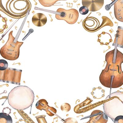 Square watercolor frame with musical instruments and notes, with blank space for text. Guitar, drum, bass, saxophone, violin illustration isolated background. For music invitations, certificate.