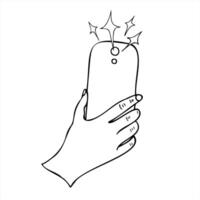 Monochrome hand holding smartphone taking photo, with flash bursting into stars illustration. Selfie, photo simple line art for photography themes, social media content, creative projects vector