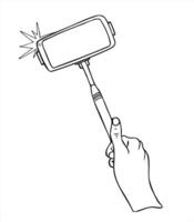 Hand holding monopod with smartphone and flash icon monochrome illustration painted by black inks. Etching drawing of blogging tool for photography tutorials, social media content, vlogging vector