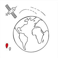 Earth globe, space satellite and location icons set line art black ink sketch. Navigation system for communication monochrome flat for internet, telecom, blogging concept, digital projects vector