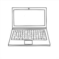 Open laptop stylized illustration painted by black inks. Front view. Monochrome flat of notebook for tech presentations, startup branding, remote work graphics, digital service advertisement vector