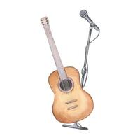 Watercolor string guitar and microphone on stand illustration isolated background. Concert sound accessory on counter and musical instrument for music festival poster, summer event vector
