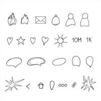 Minimal monochrome icon set for social media messaging painted by black inks. Hearts, flames, bells, envelopes and text bubbles line art sketch for UI design, chat interface, communication app vector