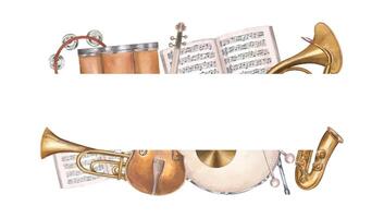 Watercolor musical frame with saxophone, French horn, drum and other instruments isolated background. Horizontal frame with copy space for text. For summer festival poster, concert program vector