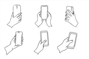Monochrome hand holding vertically phone with white display isolated sketch painted by black inks. Empty space on mobile device for any text hand drawn illustration vector