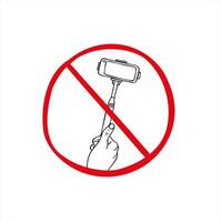 No selfie red circle prohibition sign with hand holding monopod illustration painted by black inks. Pictogram for restricted area signage, event rules and security policies vector