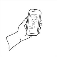 Hand holding smartphone with message bubbles, heart, sun on the screen minimalist black and white illustration. Online communication graphic sketch for UI, UX design, social media, chat app vector