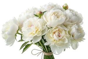Lush bouquet of white peonies tied with rustic twine on white background photo