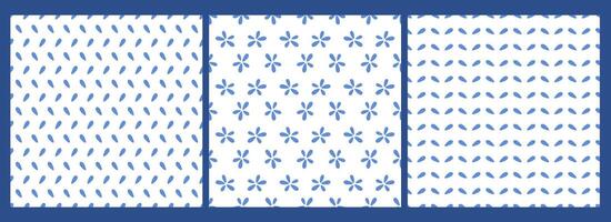 Set of abstract floral seamless patterns. Simply blue plants and bunch of flowers on white background. Doodle hand drawn nature signs. Minimalistic templates. vector
