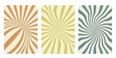 Groovy backgrounds set. Abstract cards with rays of sun, distorted wavy lines, circles, warped streaks. Hand drawn retro posters in style of 60s, 80s, 70s. Hippie design. illustration vector