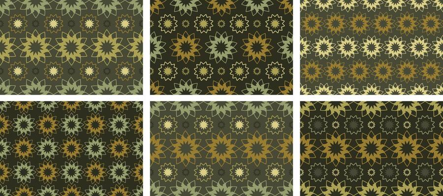 Arabic seamless patterns set. Eastern Texture with golden arabic and islamic ornament. Horizontal colour rhombus, geometric shapes, abstract flowers. Traditional oriental elements.