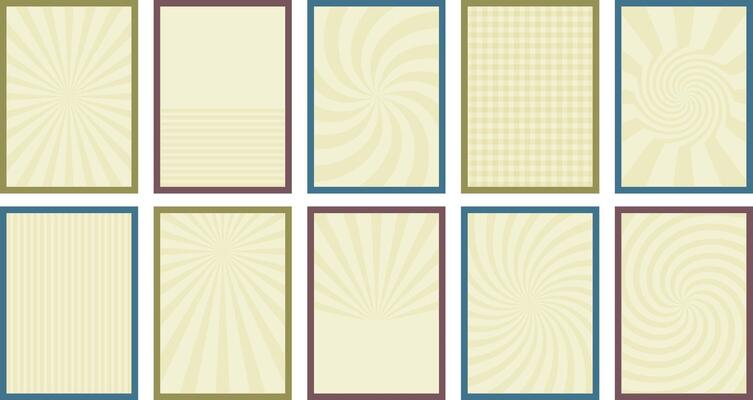 Set of retro backgrounds in style of 60s, 80s, 70s. Hand drawn Groovy arts. Hippie flyers.Abstract Trendy card with rays of sun, circles, lines. Nostalgia for vintage time. illustration