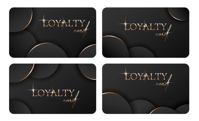 Luxury loyalty cards set. Elegant Black business card with golden 3d text, balls, lines, spheres. Modern design. illustration for vip, bonus card, gift certificate