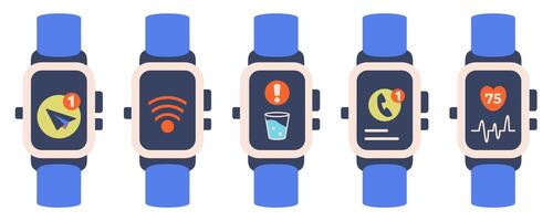 Smartwatch icons isolated. Electronic gadgets set. Hand watch with Heart Rate, Messages, Ringing sign, wireless signal, drinking Water. Smart watch top view. Digital watch with App icons. vector